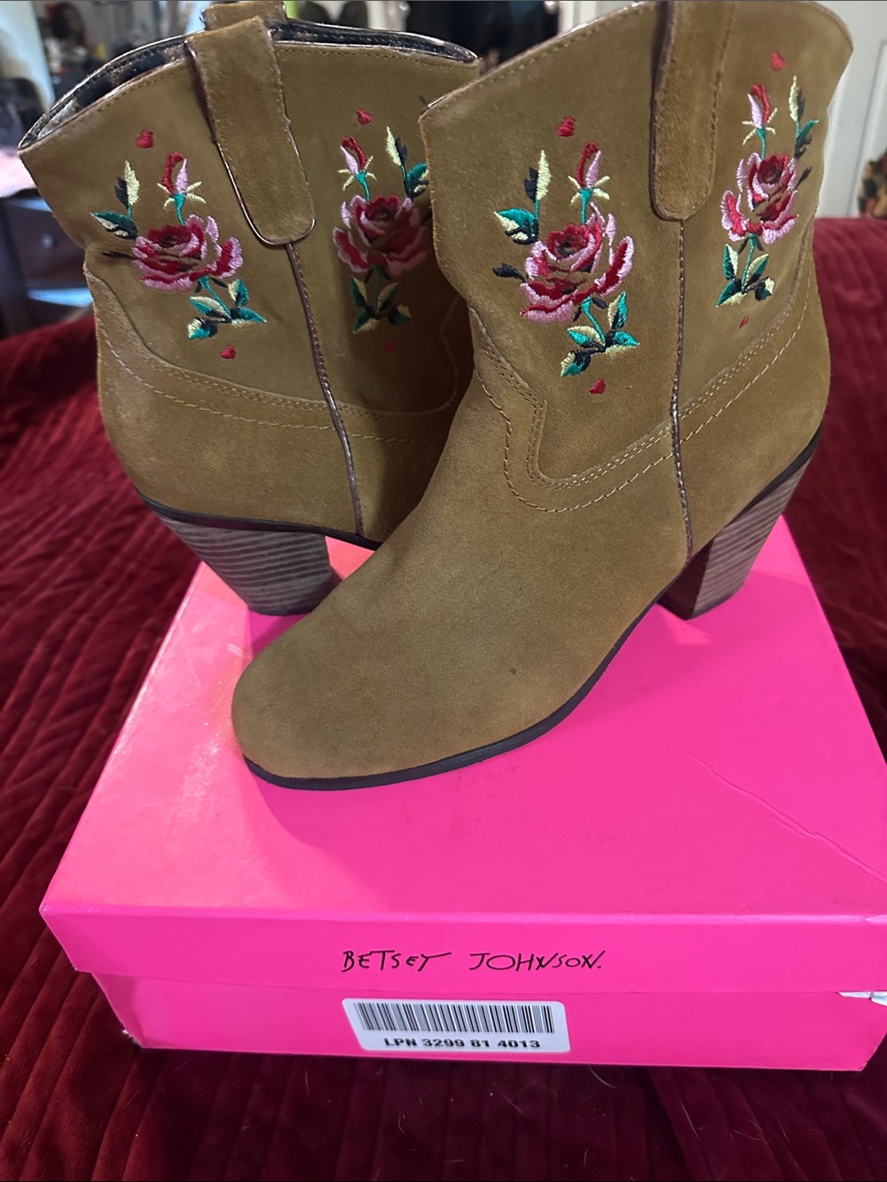 Betsey Johnson Tan Suede Embroidered Ankle Boots